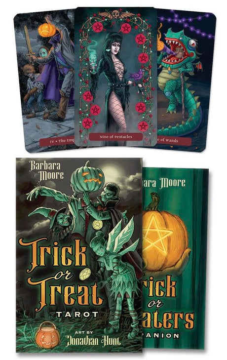 Set of tarot cards with Halloween-themed artwork and 'Trick or Treat Tarot' book by Barbara Moore with art by Jonathan Hunt