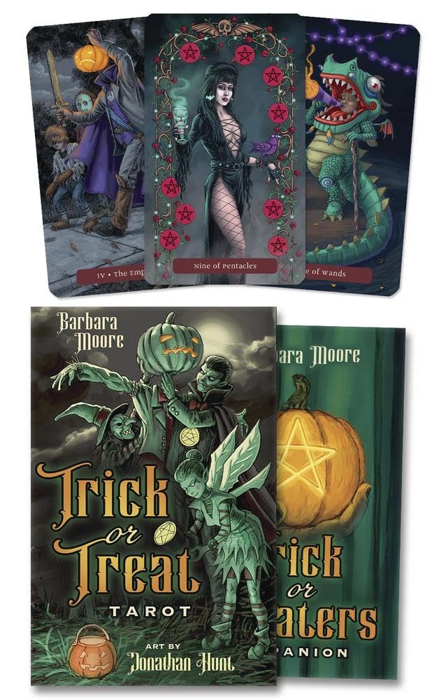 Set of tarot cards with Halloween-themed artwork and 'Trick or Treat Tarot' book by Barbara Moore with art by Jonathan Hunt