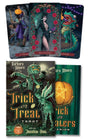 Set of tarot cards with Halloween-themed artwork and 'Trick or Treat Tarot' book by Barbara Moore with art by Jonathan Hunt