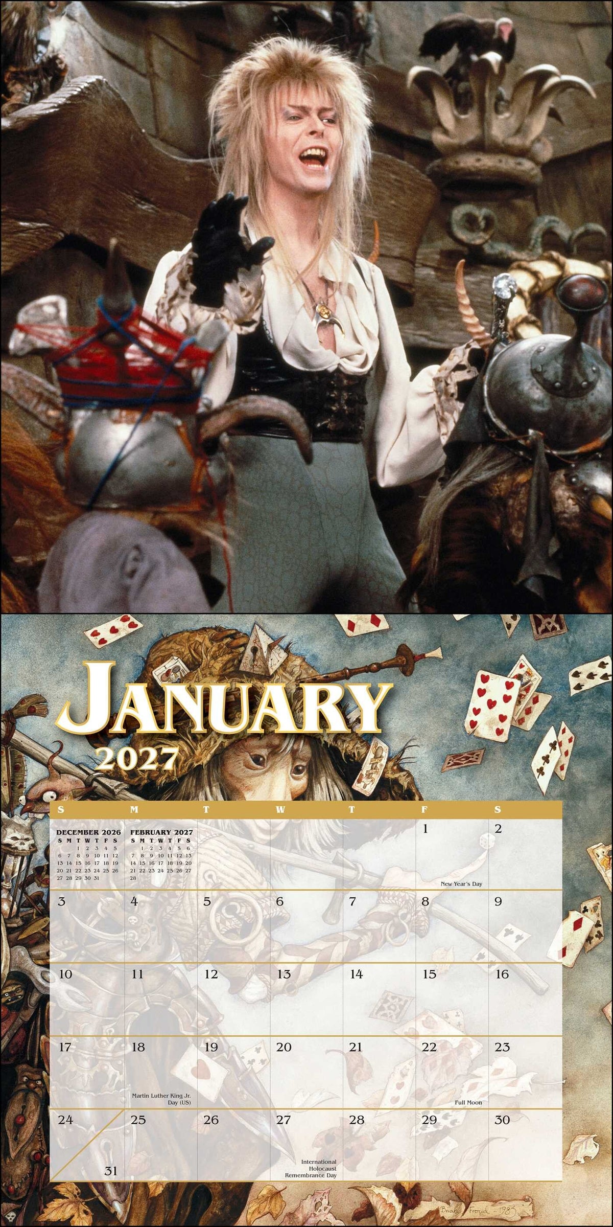 Jim Henson's Labyrinth 2027 Wall Calendar - January showing Jareth the Goblin King (David Bowie)