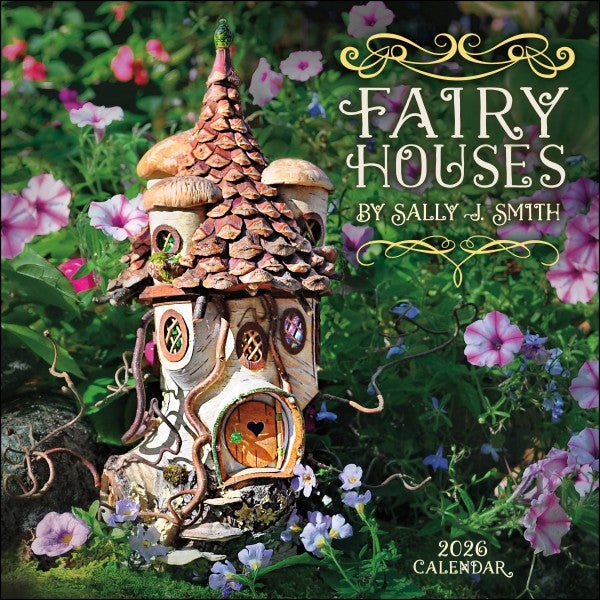 Fairy house calendar with flowers and decorative text on a green background