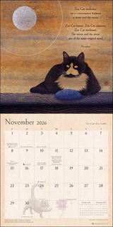 Calendar page for November 2026 featuring a cat illustration with a moon and water background.
