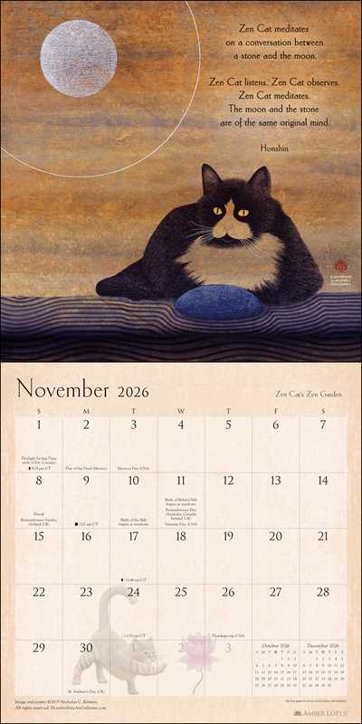Calendar page for November 2026 featuring a cat illustration with a moon and water background.