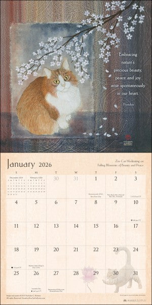 Calendar page for January 2026 featuring a cat and cherry blossoms with a quote.