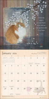 Calendar page for January 2026 featuring a cat and cherry blossoms with a quote.