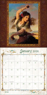 Calendar page for January 2026 with a classical painting of a woman with castanets in a decorative frame.