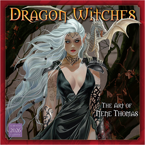 Dragon Witches calendar cover featuring a woman with white hair and a dragon, with 'The Art of Nene Thomas' text.