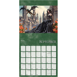 Calendar page for September with a fantasy illustration of a woman and dragon in front of a castle.