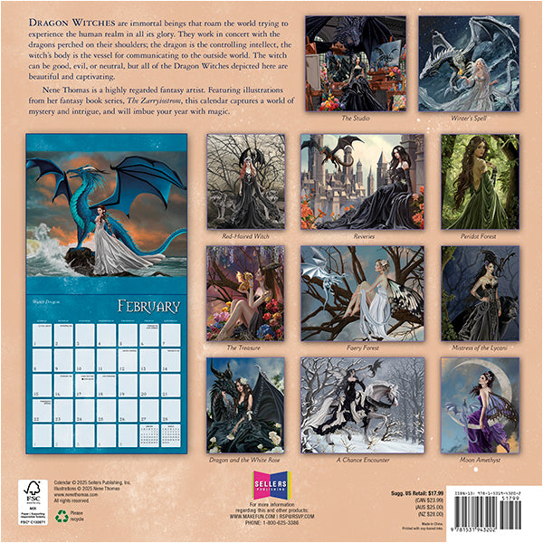 Calendar with fantasy-themed illustrations of dragons and witches on a beige background