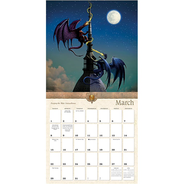 Calendar with a dragon and moon design for March