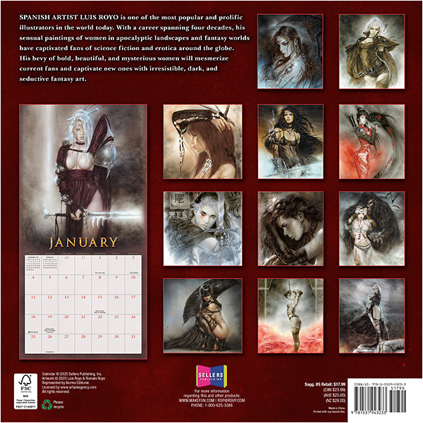 Calendar with illustrations of women in fantasy landscapes on a red background