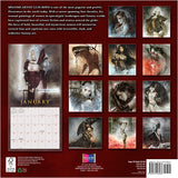 Calendar with illustrations of women in fantasy landscapes on a red background