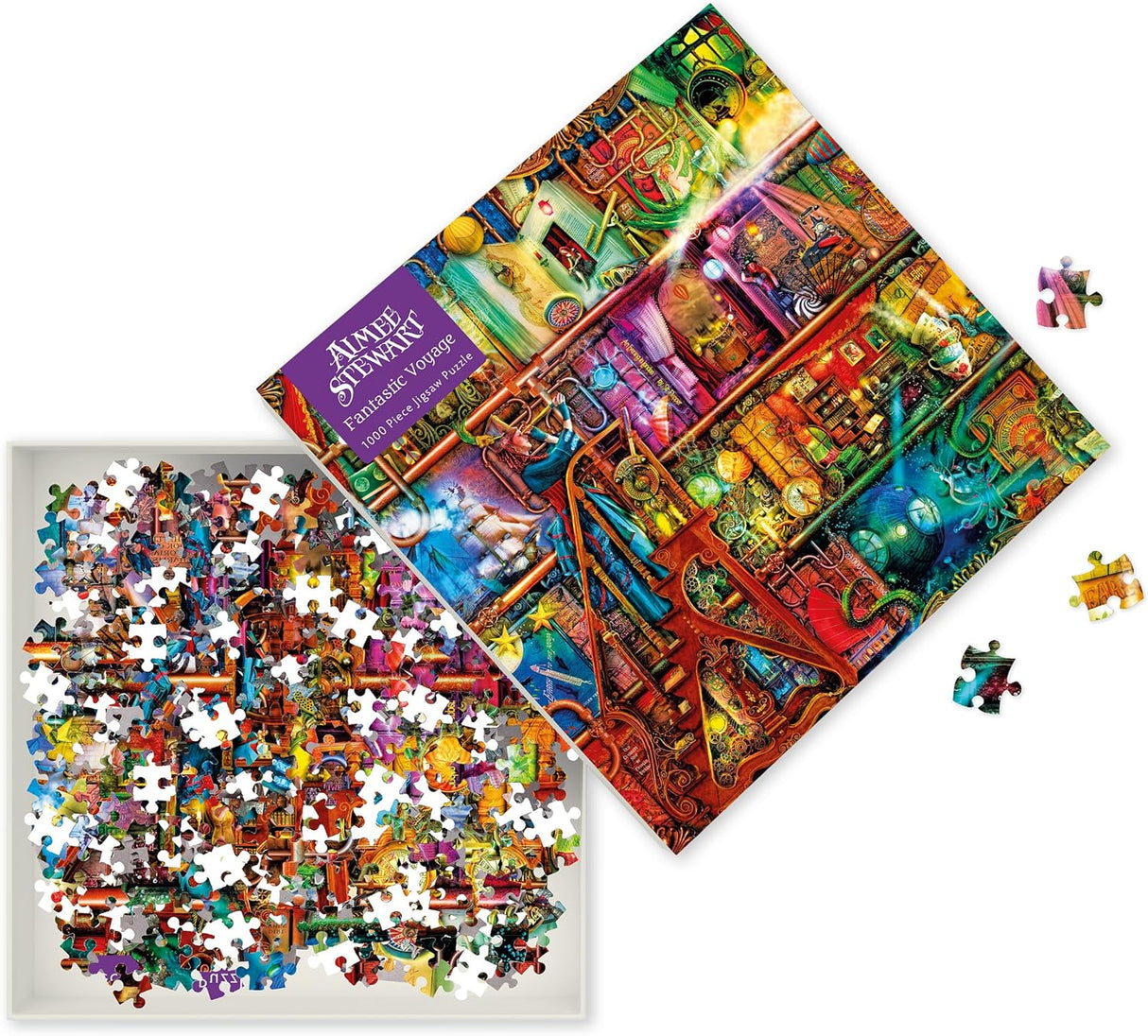 Colorful puzzle  and box with pieces scattered on a white background - Aimee Stewart's Fantastic Voyage