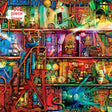 Colorful puzzle box with a detailed and vibrant scene, featuring various books and characters. 1000 pieces