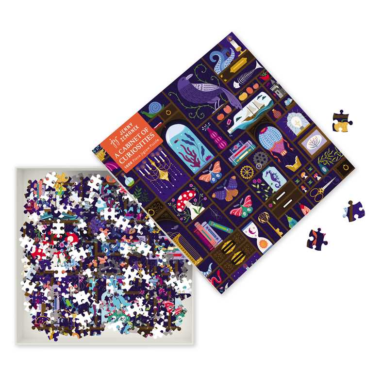 Jigsaw puzzle with colorful curiosities cabinet design, showing pieces in box