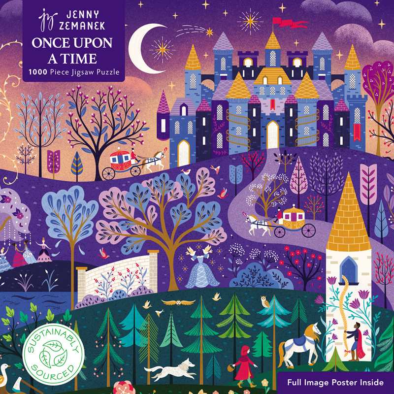 Jenny Zemanek 'Once Upon a Time' puzzle packaging with colorful castle design and sustainability logo.