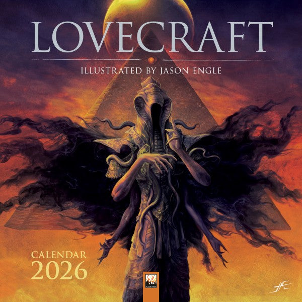 Lovecraft calendar cover with a creature and pyramid design, illustrated by Jason Engle.