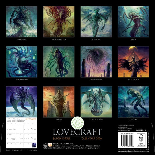 Calendar back cover with Lovecraft-themed illustrations and branding
