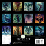 Calendar back cover with Lovecraft-themed illustrations and branding