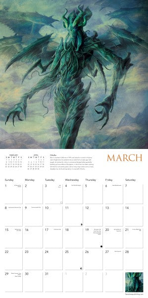 Calendar page for March with a Cthulhu creature illustration on a blue and green gradient background