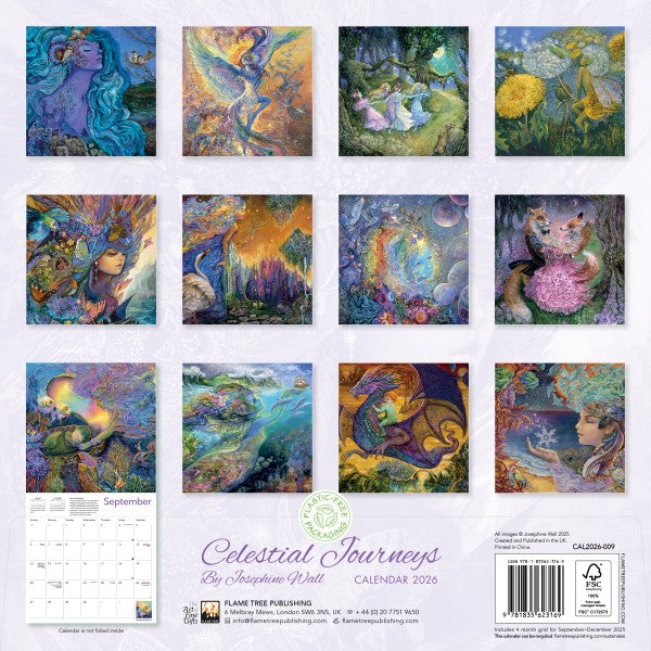Calendar back cover with colorful artwork of celestial beings and nature scenes.