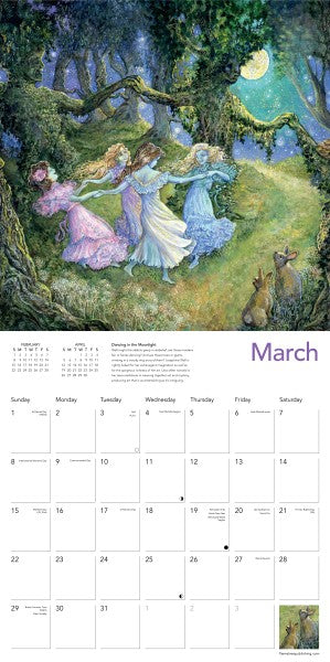 Calendar page for March with a fantasy illustration of fae women dancing in a forest.