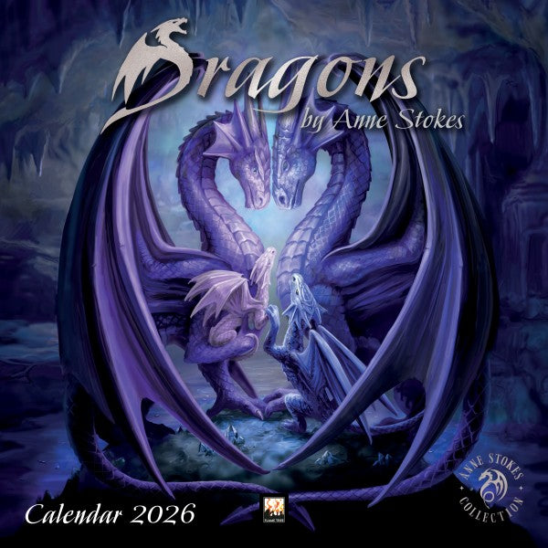 Dragons by Anne Stokes calendar, 2026, purple dragon family on the cover