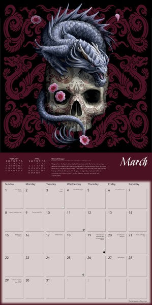 Calendar with a skull and dragon design on a dark background for March