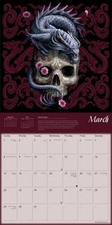 Calendar with a skull and dragon design on a dark background for March