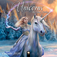 Calendar cover featuring a woman riding a unicorn with a fantasy landscape, art by Anne Stokes