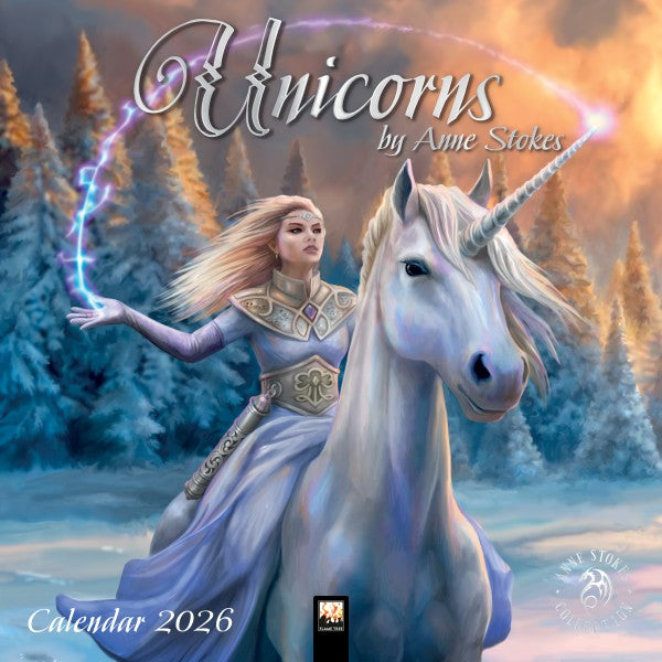 Calendar cover featuring a woman riding a unicorn with a fantasy landscape, art by Anne Stokes
