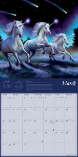 Unicorn calendar for March with a fantasy design of three unicorns running on a grassy field under a starry sky.
