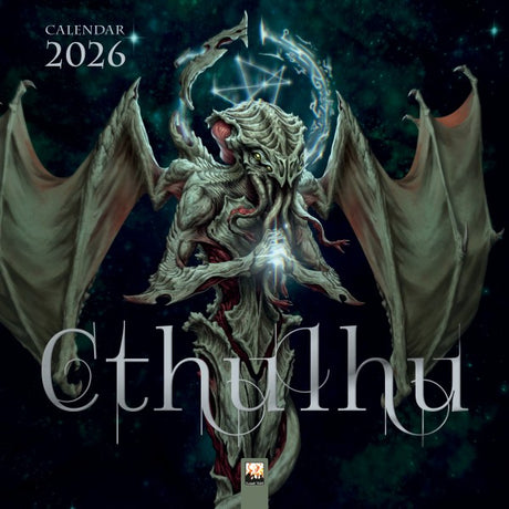 Calendar cover featuring a monster sea creature with wings and the word 'Cthulhu' on a dark background.