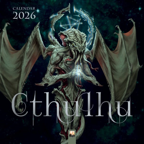 Calendar cover featuring a monster sea creature with wings and the word 'Cthulhu' on a dark background.