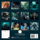 Cthulhu calendar with various monster illustrations on a dark blue background