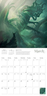 Calendar with a fantasy Cthulhu creature design on a greenish background, March page