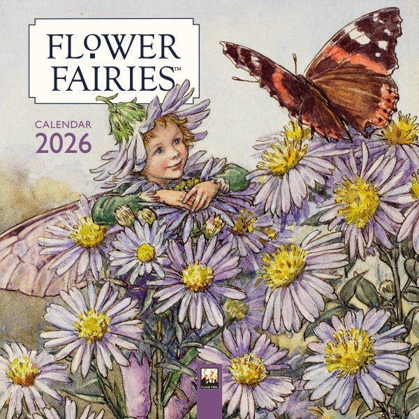 Flower Fairies calendar cover with a pixie girl and butterfly among flowers by Cicely Mary Barker
