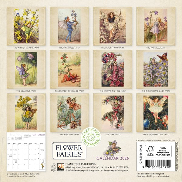 Flower Fairies calendar back cover with illustrations of fairies and a small calendar inset.
