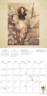 Calendar page for March with an illustration of a fairy on a branch, featuring flowers 