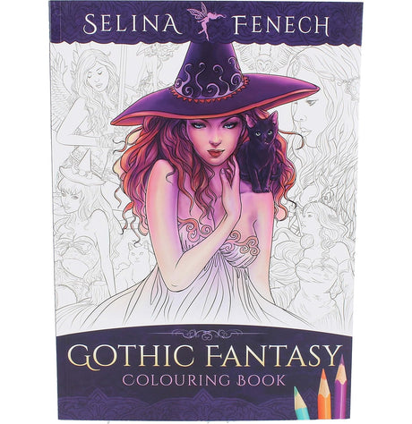 Selina Fenech Gothic Fantasy Coloring Book cover with witch and black cat shown partially colored