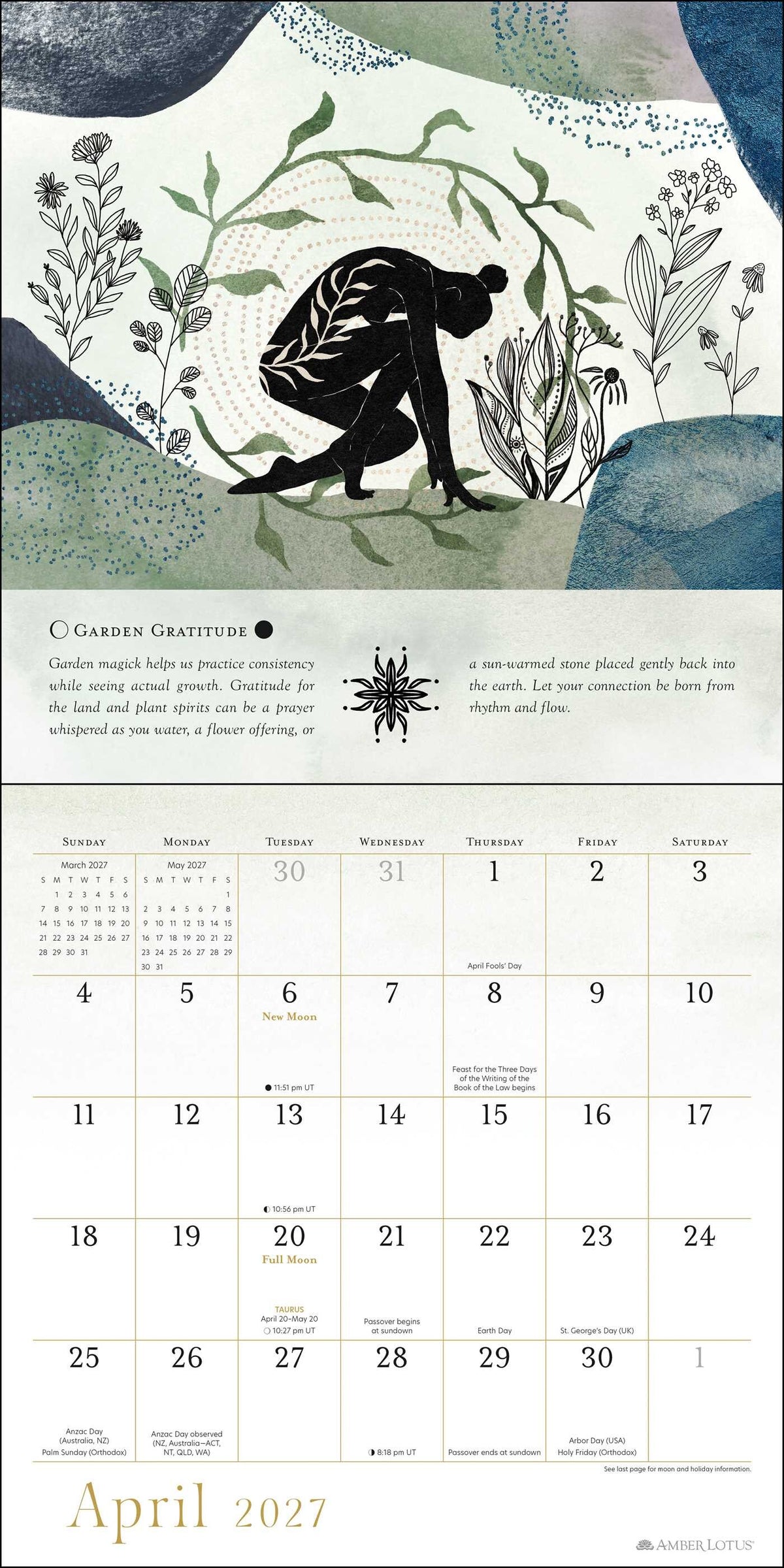 2027 Year of the Witch Wall Calendar - April with crouching woman and vines
