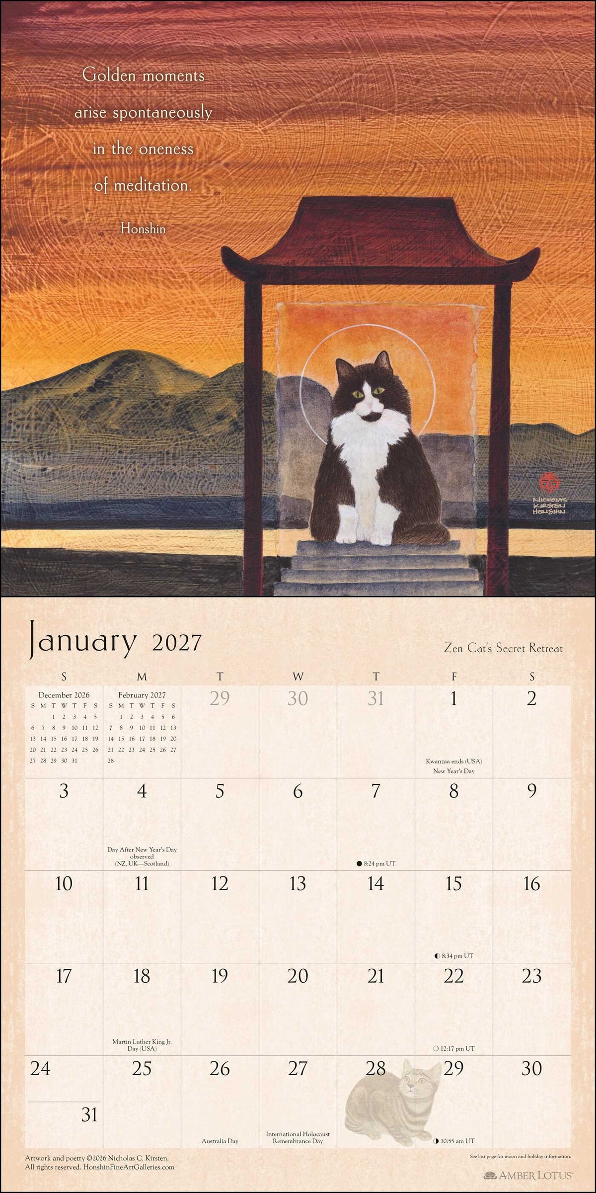 2027 Zen Cat Wall Calendar - January with black and white cat
