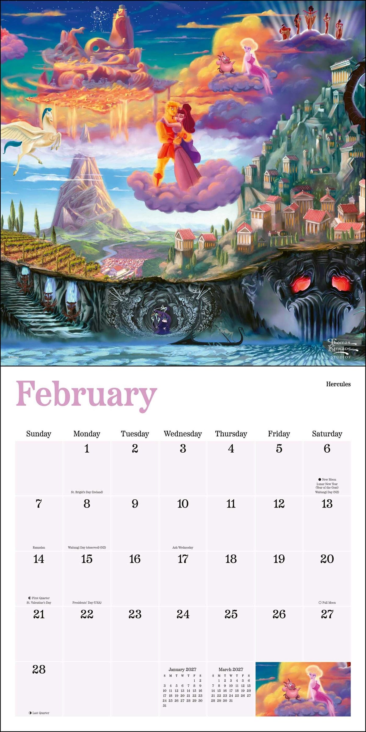 Disney Dreams Thomas Kinkade 2027 Wall Calendar - February showing Hercules scenes