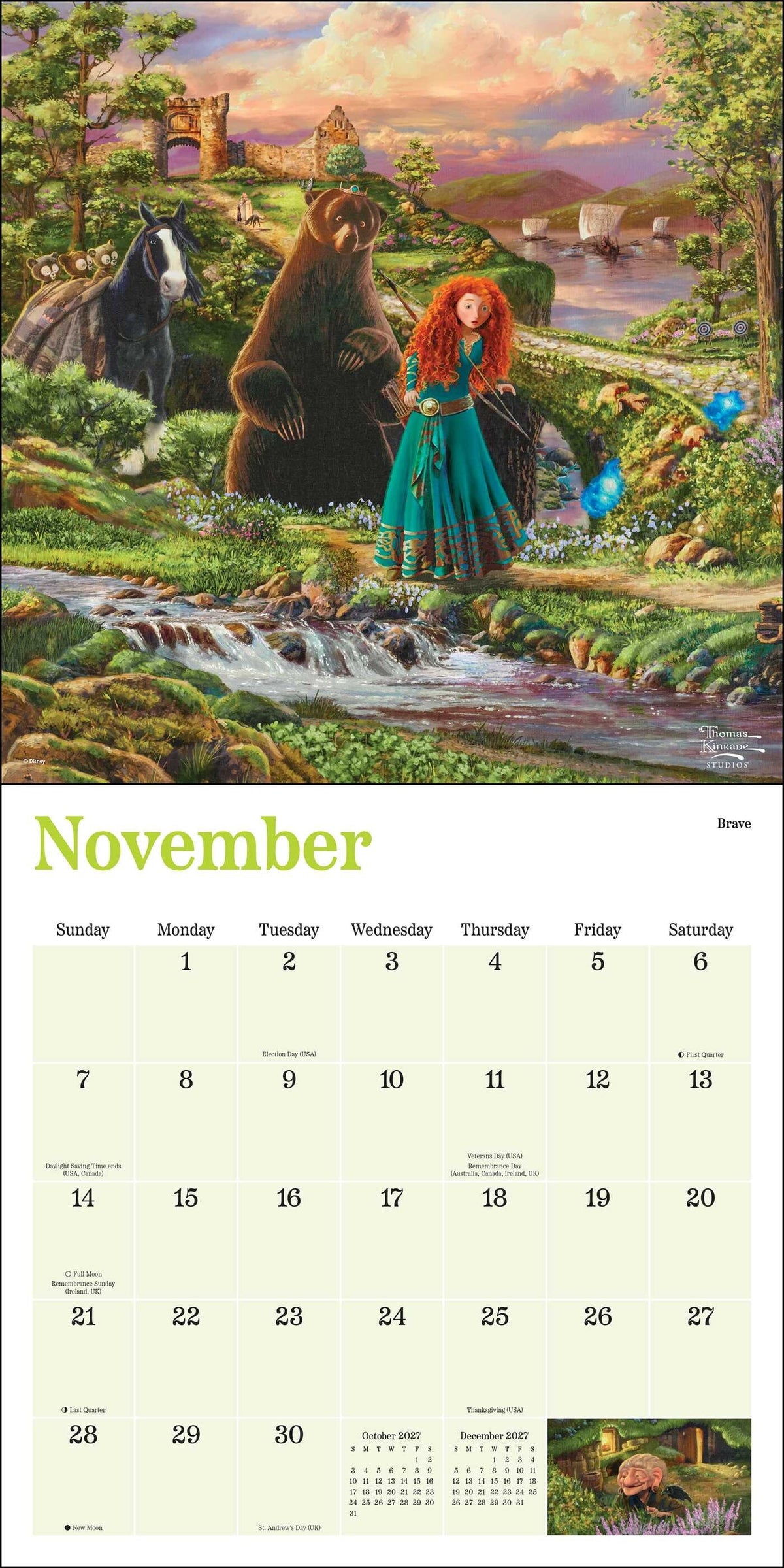 Disney Dreams Thomas Kinkade 2027 Wall Calendar - November showing characters from Brave