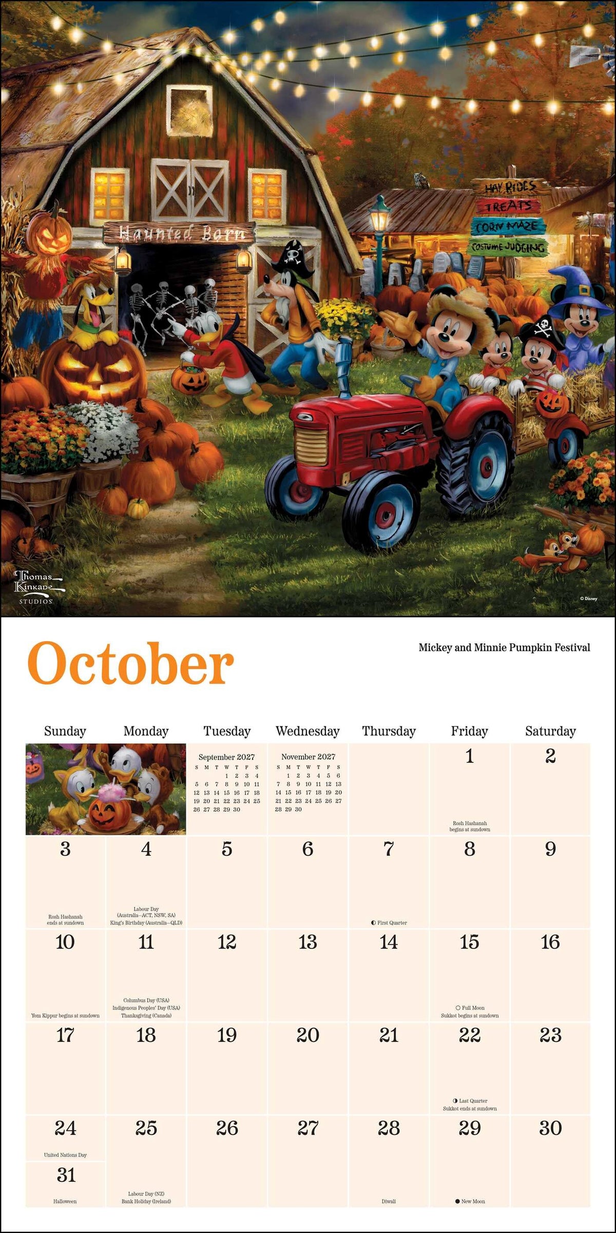 Disney Dreams Thomas Kinkade 2027 Wall Calendar - October showing Mickey Mouse & friends in harvest farm scene