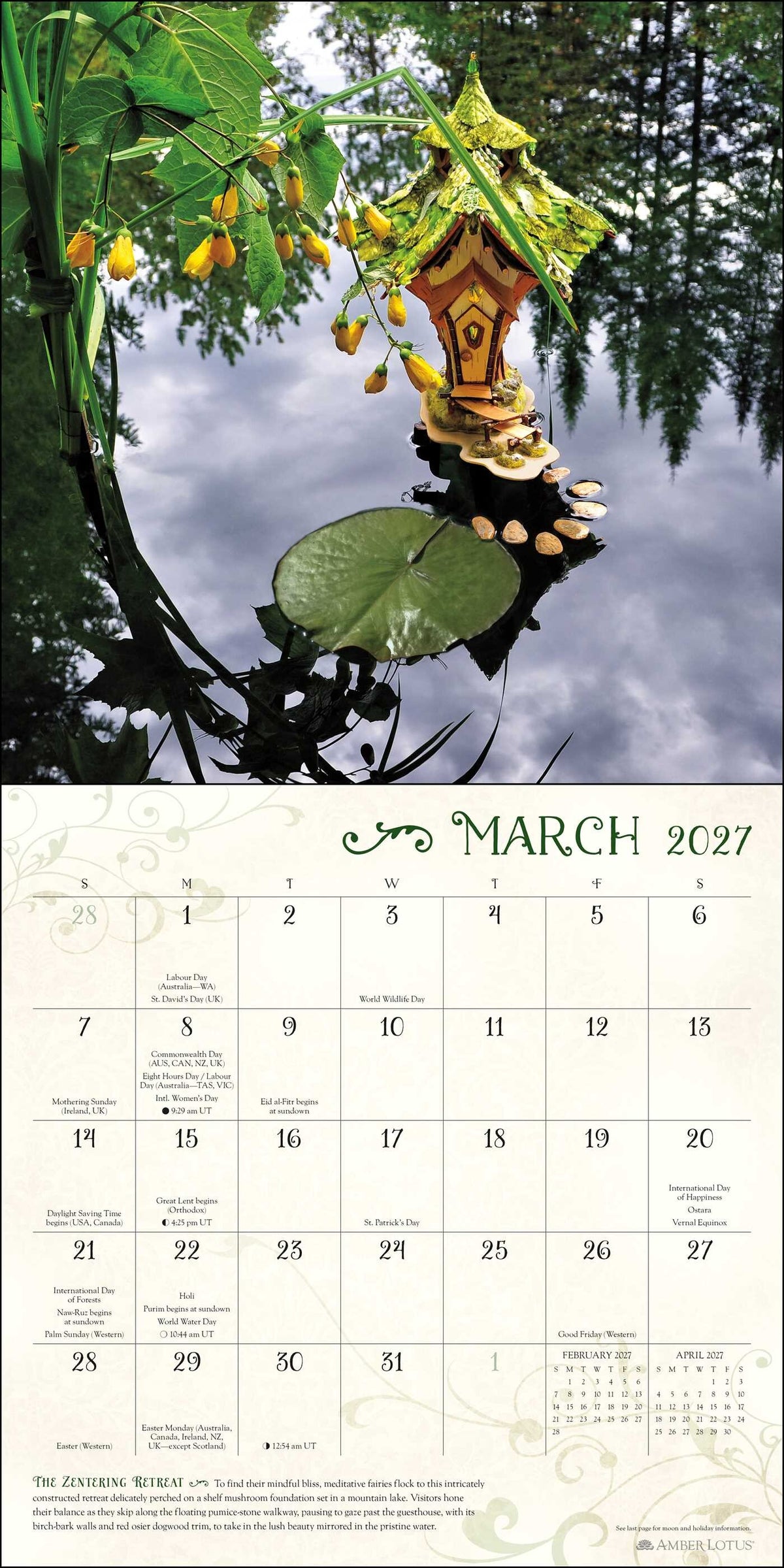 Fairy Houses 2027 Wall Calendar - March calendar page with house, pond, and flowers