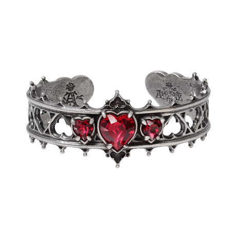 Pewter bracelet with red heart stones on a white background