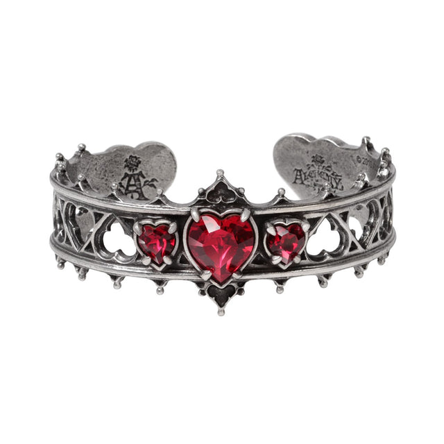 Pewter bracelet with red heart stones on a white background