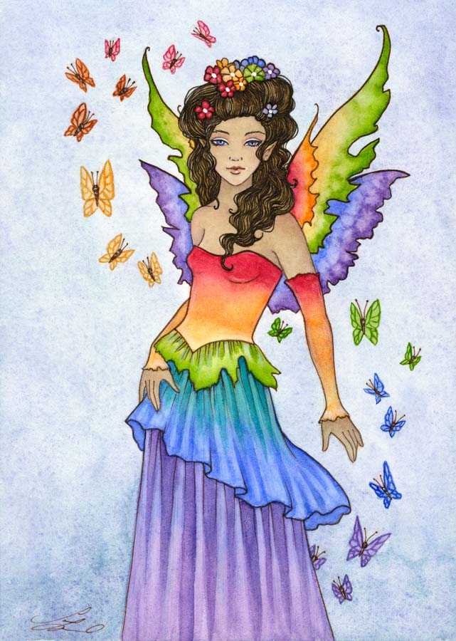 Artwork by Amy Brown, fairy with rainbow dress and wings surrounded by butterflies in all colors
