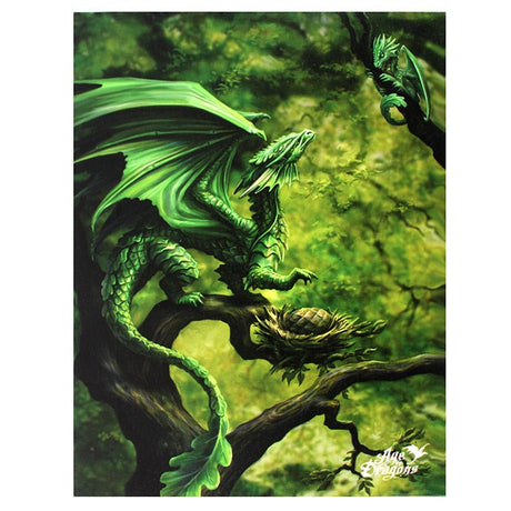 Canvas art print by Anne Stokes with two green dragons and an egg in the forest trees
